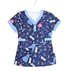 Koi By Kathy Peterson Women's Scrub Top Size XS Dark Blue Sewing Notions Print